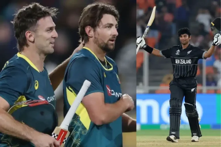 A split image of New zealand's Rachin ravindra and Australia's Tim david and Mitchell marsh during a show off in NZ vs Aus T20 Match.