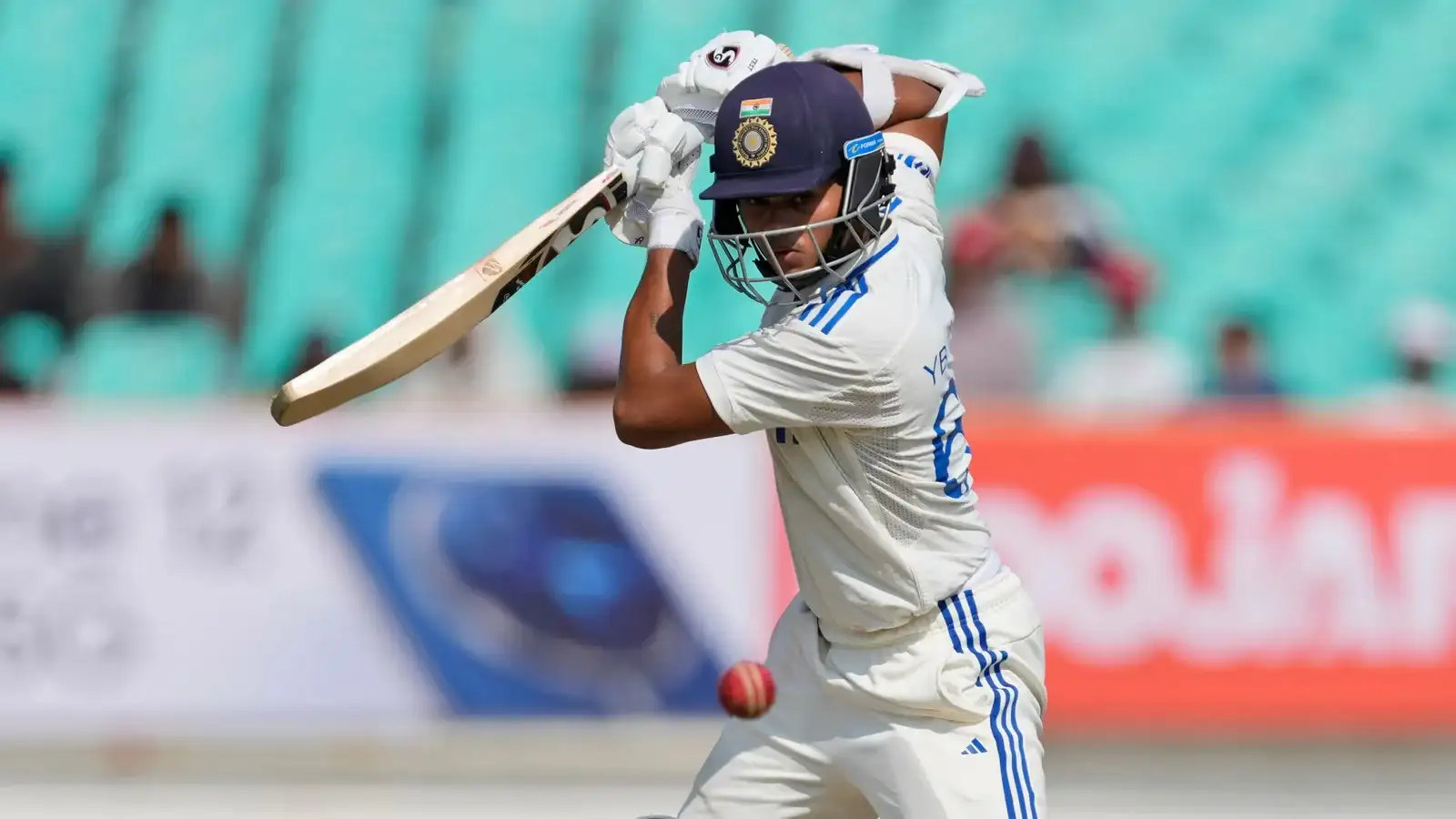 Yashasvi Jaiswal playing a powerful shot in his debut Test match for India against England.