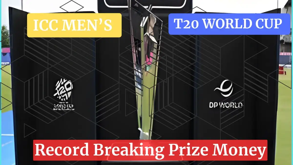 Image of the ICC Men's T20 World Cup trophy with a banner announcing record-breaking prize money for the 2024 tournament.