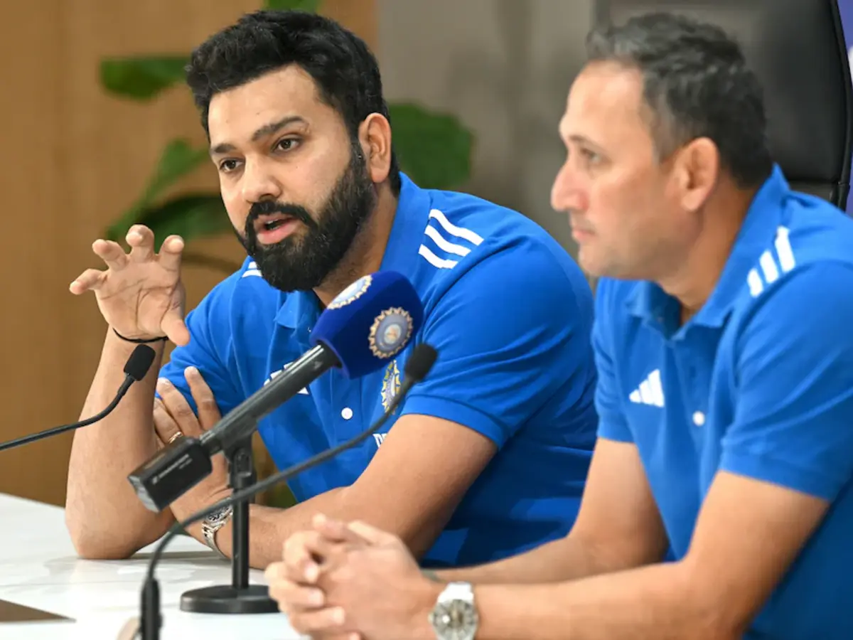 India's Squad for Champions Trophy 2025 features Rohit Sharma as captain. Official announcement with a press conference photo.

