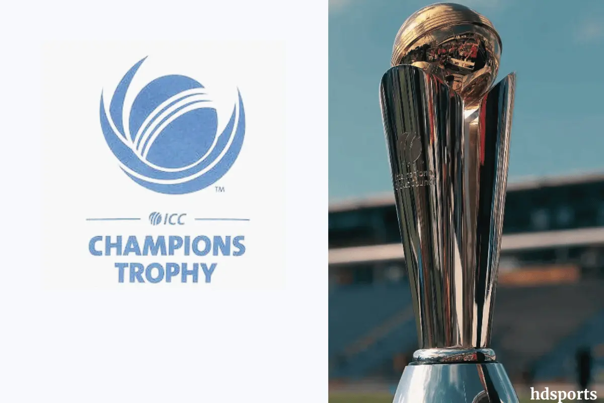 "ICC Champions Trophy 2025 logo and trophy displayed together in a vibrant setting, representing the prestigious cricket tournament."